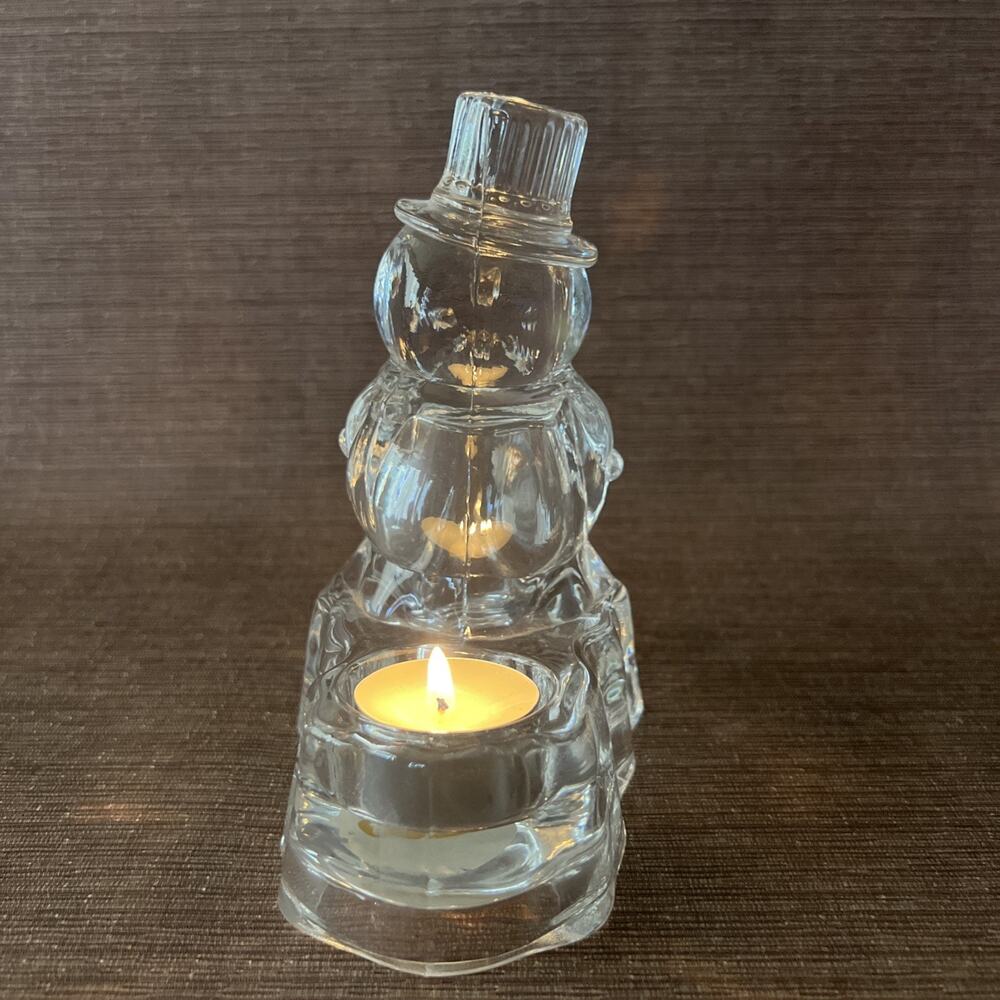 Crystal Snowman Candle Holder – Tealight Size – Frosted Glass Winter Decor – 5″